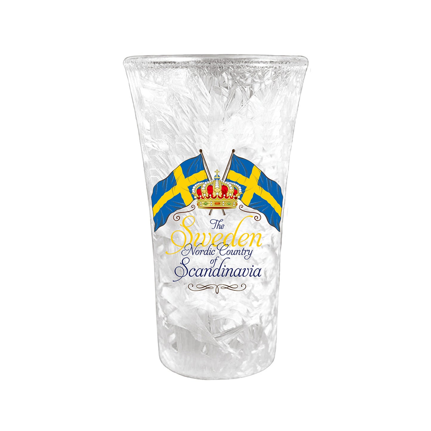 Shotsglas i frostat glas med motiv av korslagda svenska flaggor, en krona och texten Sweden The Nordic Country of Scandinavia.