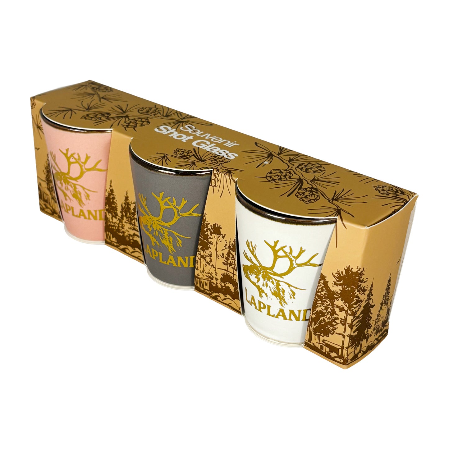 Tre shotglas i rosa, vitt och grått med guldfärgat renhuvud och texten "Lapland". Visas här snett uppifrån i sin förpackning.