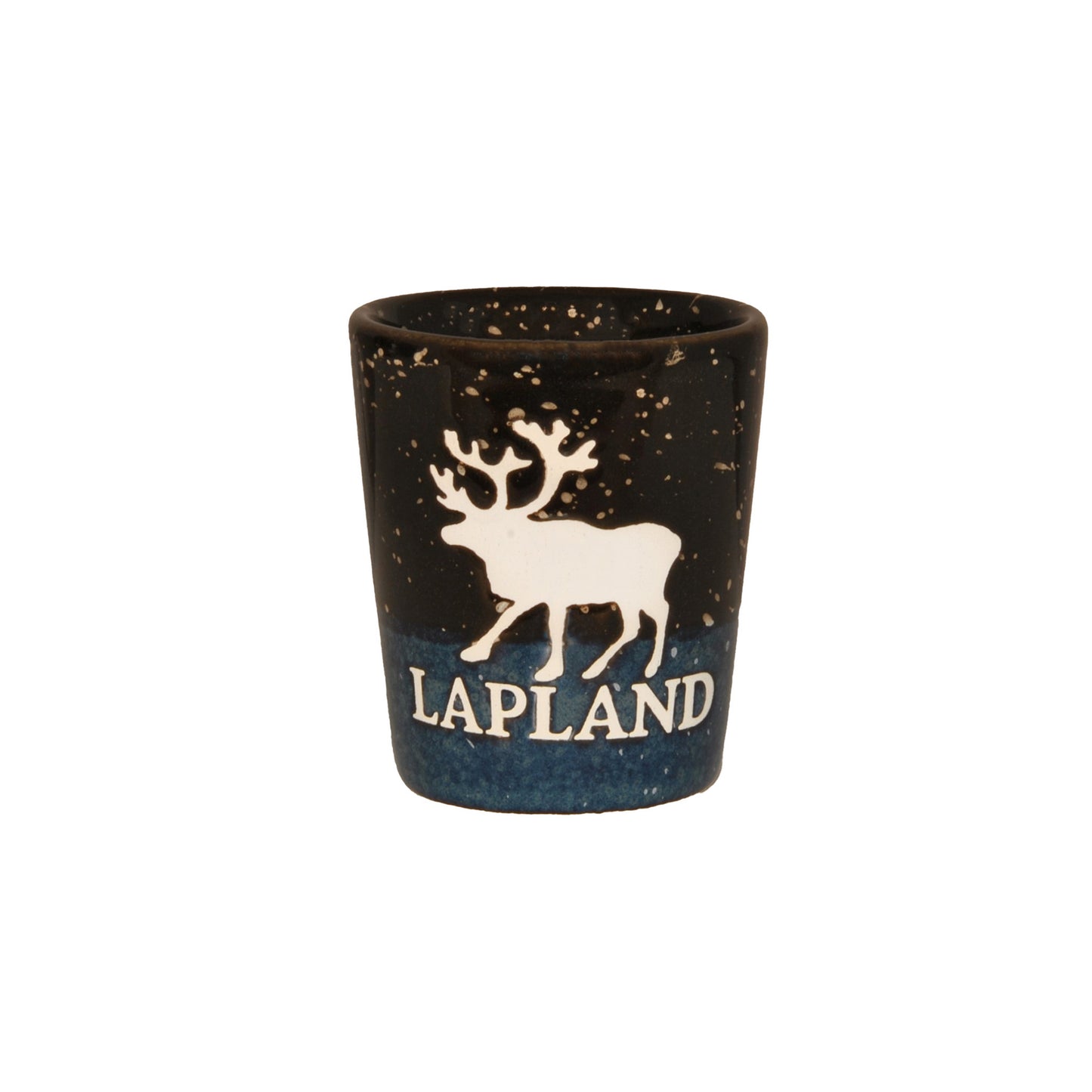 Blått och svart shotglas i keramik med motiv av en ren och texten "LAPLAND".