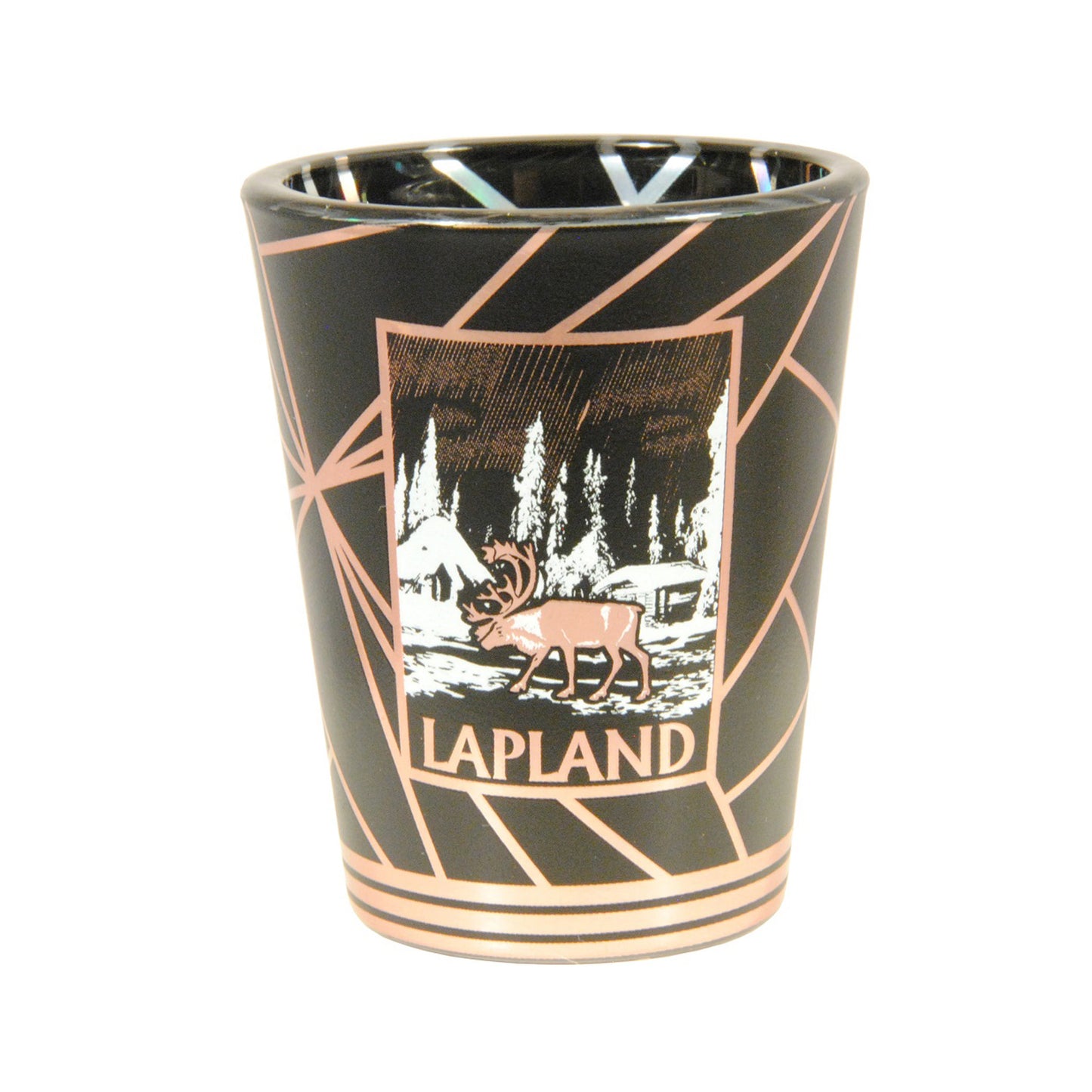 Svart shotglas med motiv av ren och text i roséguld, inspirerat av vintern i Lappland