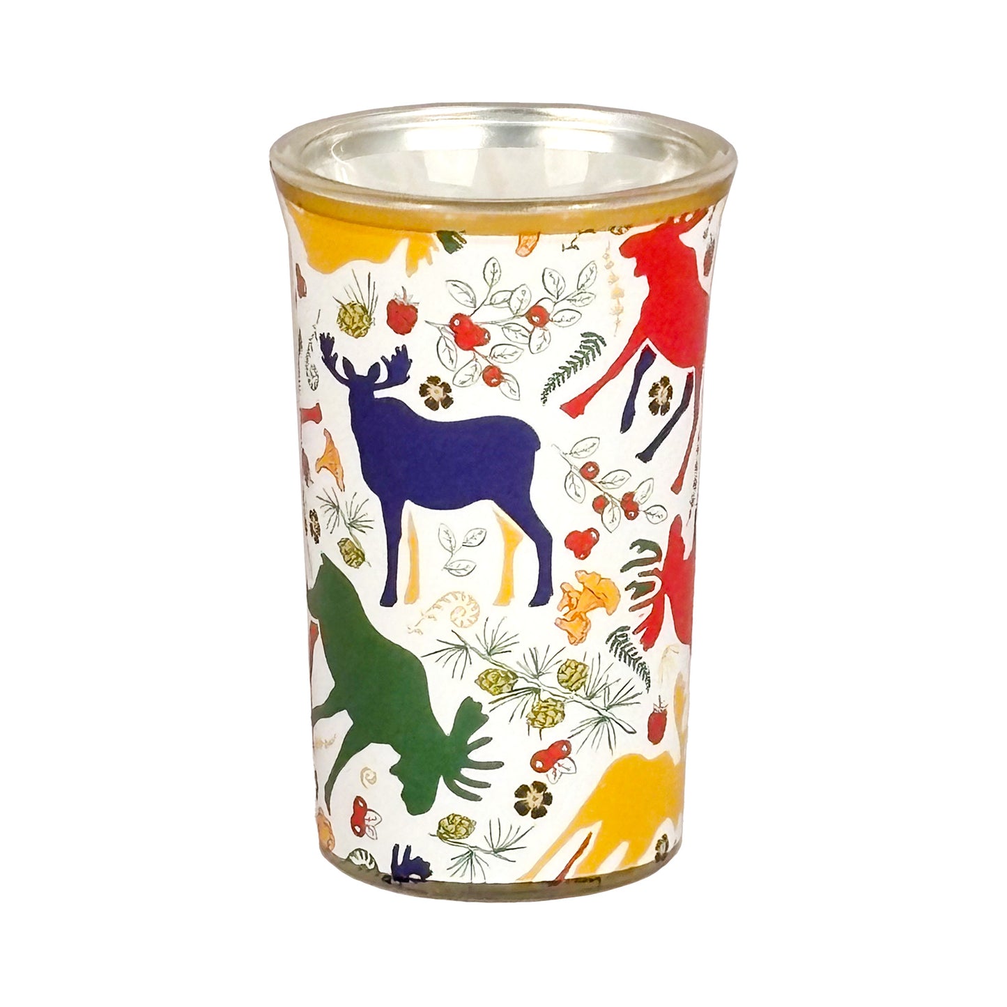 Vitt shotglas med guldkant och färgglada älgar i ett lekfullt mönster – en festlig souvenir med svensk känsla.