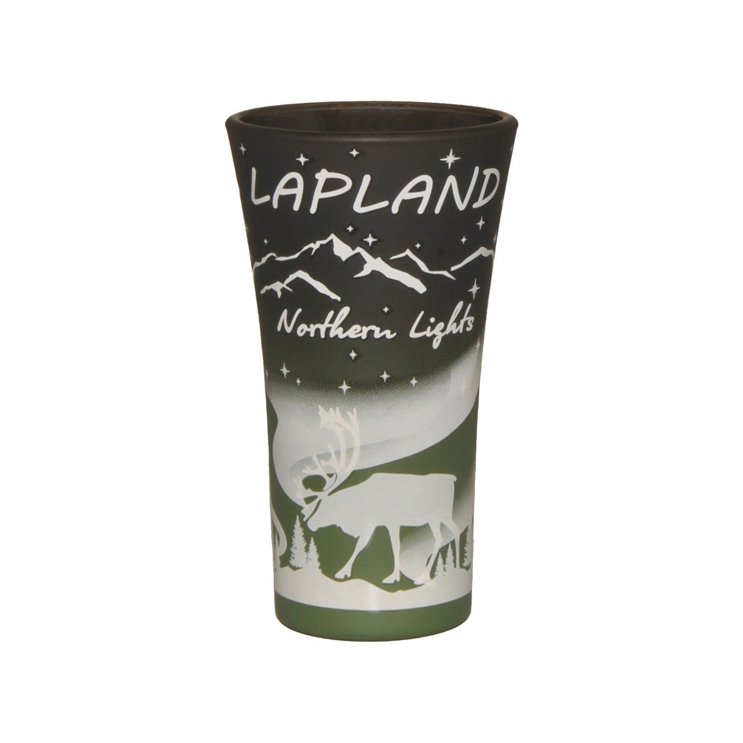 Shotglas i svart och grönt med motiv av renar och norrsken samt texten "Lapland – Northern Lights".