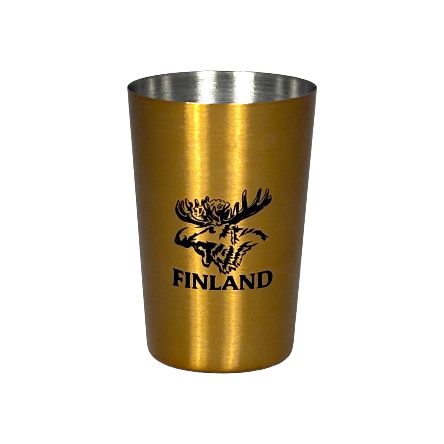 Guldfärgat shotglas i rostfritt stål med svart älghuvud och texten "Finland".