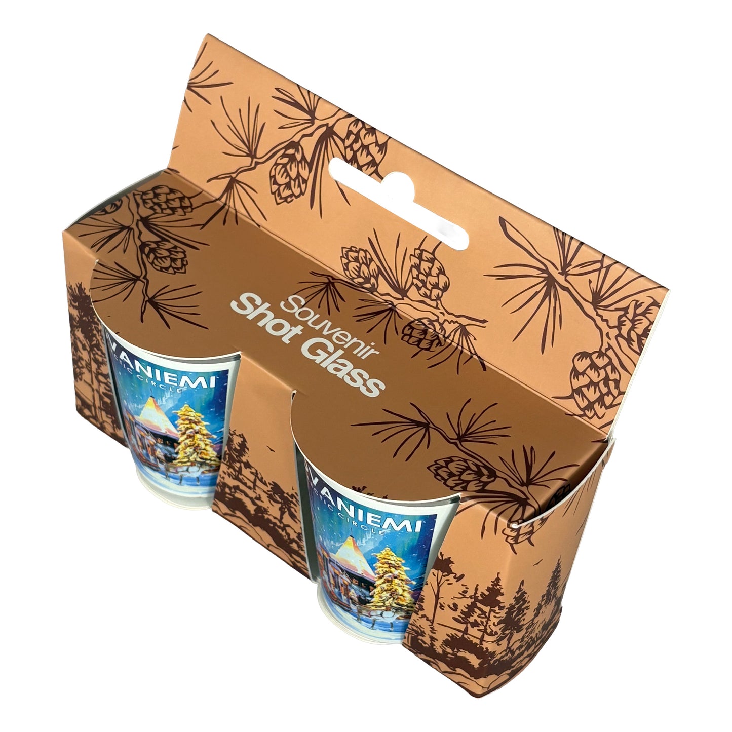 Vy uppifrån på två shotglas i förpackning med texten "Souvenir Shot glass" på toppen.
