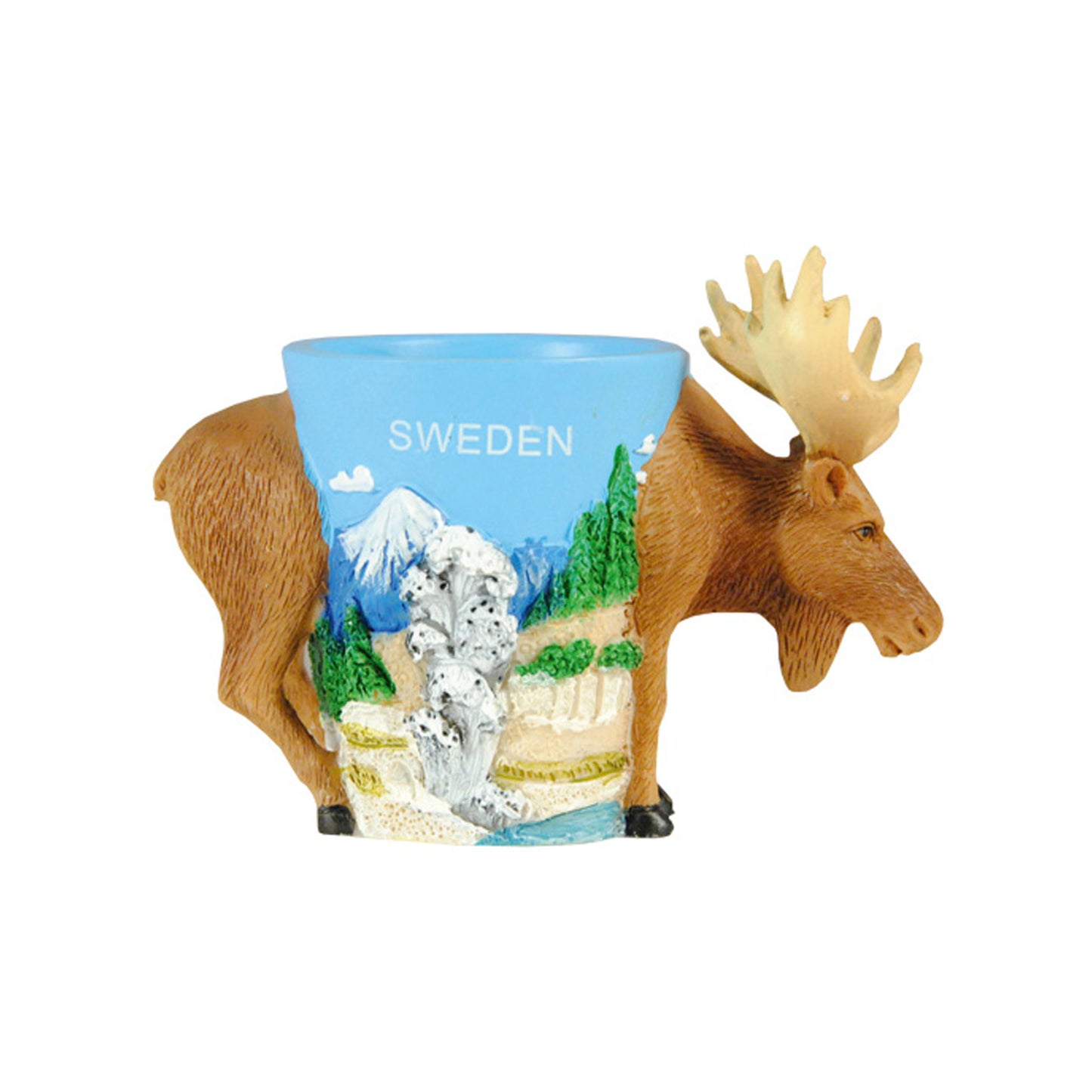 Souvenir shotglas i polyresin med en tredimensionell stående älg och texten Sweden – en unik och populär storsäljare.