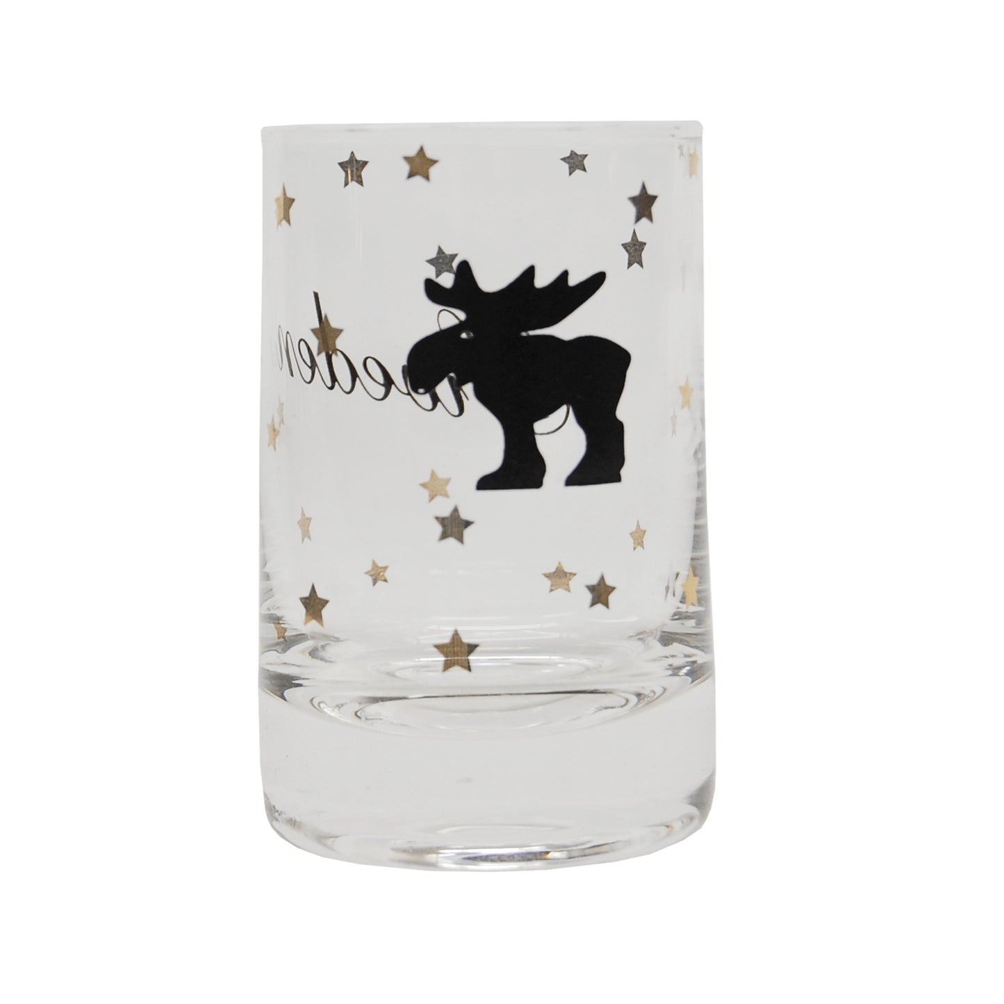 Shotglas med smäcker form och tryck av stående älg, stjärnor och texten Sweden – en stilren och dekorativ souvenir.