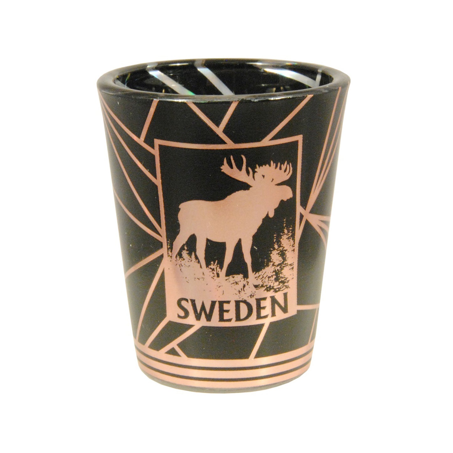 Svart shotglas med rosa guld-tryck av en älg och texten Sweden – en högkvalitativ och elegant souvenir.