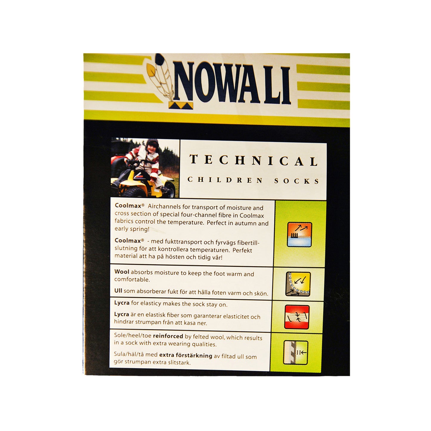 Översikt med förklaring av skidstrumpans tekniska egenskaper, inklusive Coolmax, ull och Lycra, samt extra förstärkning av filtad ull i sula, häl och tå för ökad hållbarhet och komfort.