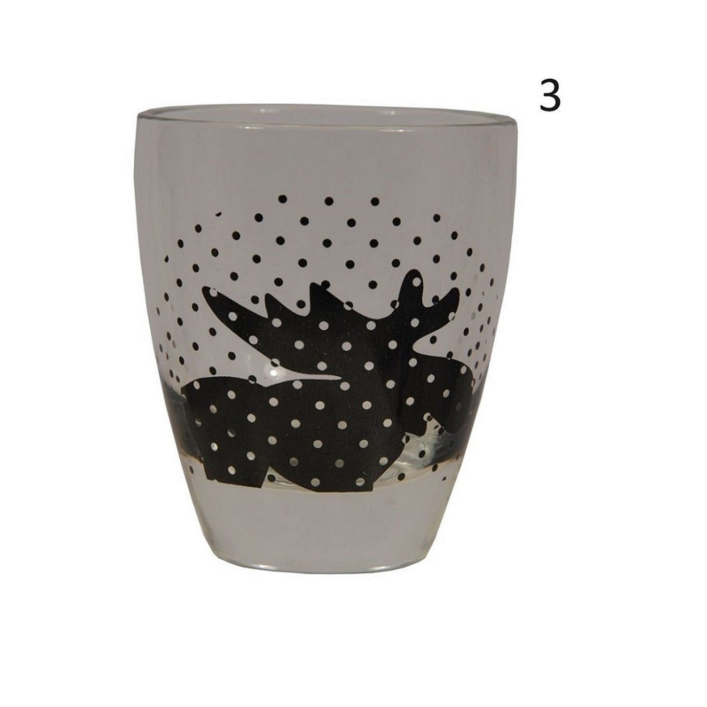 Shotglas med motiv av svart stiliserad älg med vita prickar. Svarta prickar runt älgen.