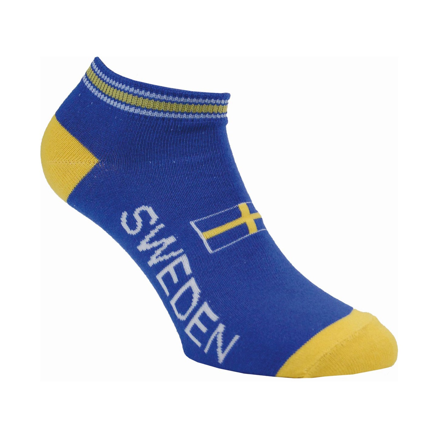 Blå och gul ankelsocka med mönster av svenska flaggor. En klassisk och populär modell.