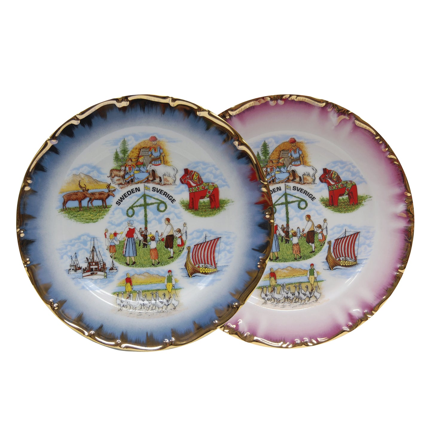 Souvenirtallrik med färgstarka motiv och texten Sverige Sweden, 19 cm. Turbotallrik med hänge, levereras i fönsterkartong.