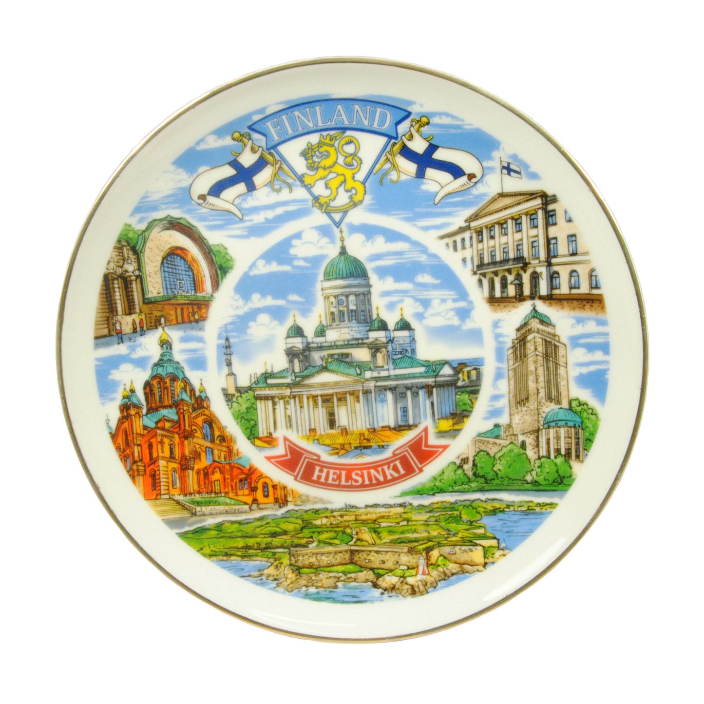 Souvenirtallrik i porslin med guldkant och motiv av Sveaborg, Helsingfors Domkyrka och andra landmärken i Helsingfors, 19 cm i diameter. Levereras i kartong.