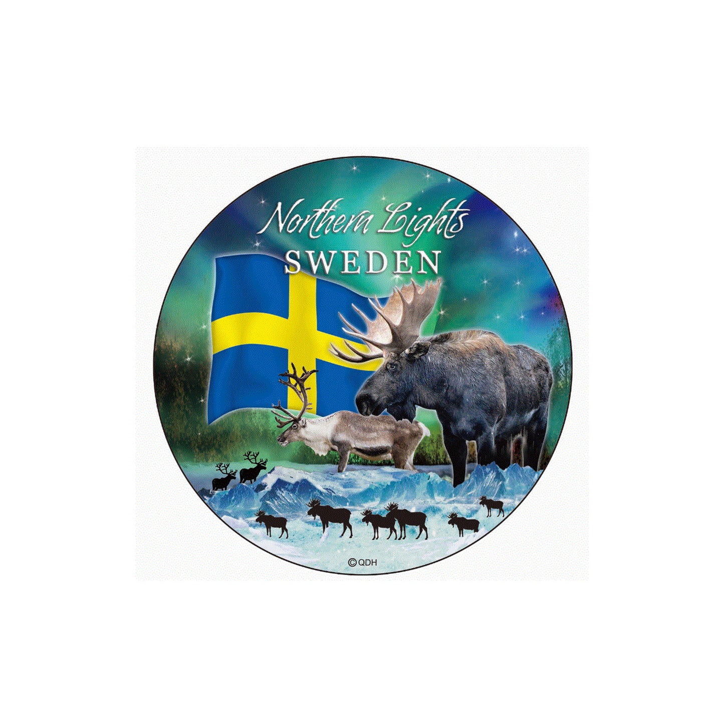 Närbild på motivet på mini souvenirtallriken – visar ett färgstarkt norrskensmotiv med texten "Sweden" och siluetter av renar mot en stjärnklar himmel.