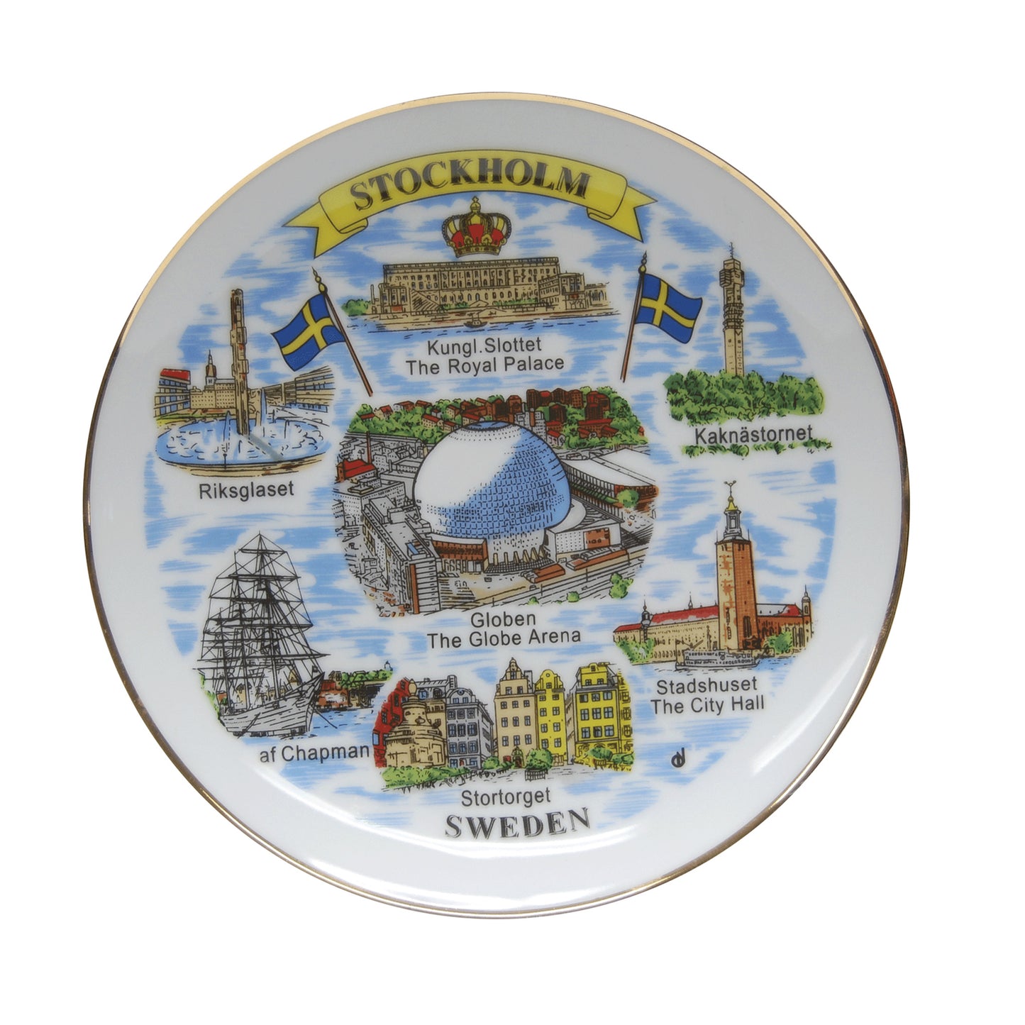 Souvenirtallrik med flera motiv från Stockholm och guldkant, 19 cm – visar kända sevärdheter i färgstark design, levereras med hänge, bordsställ och i fönsterkartong.