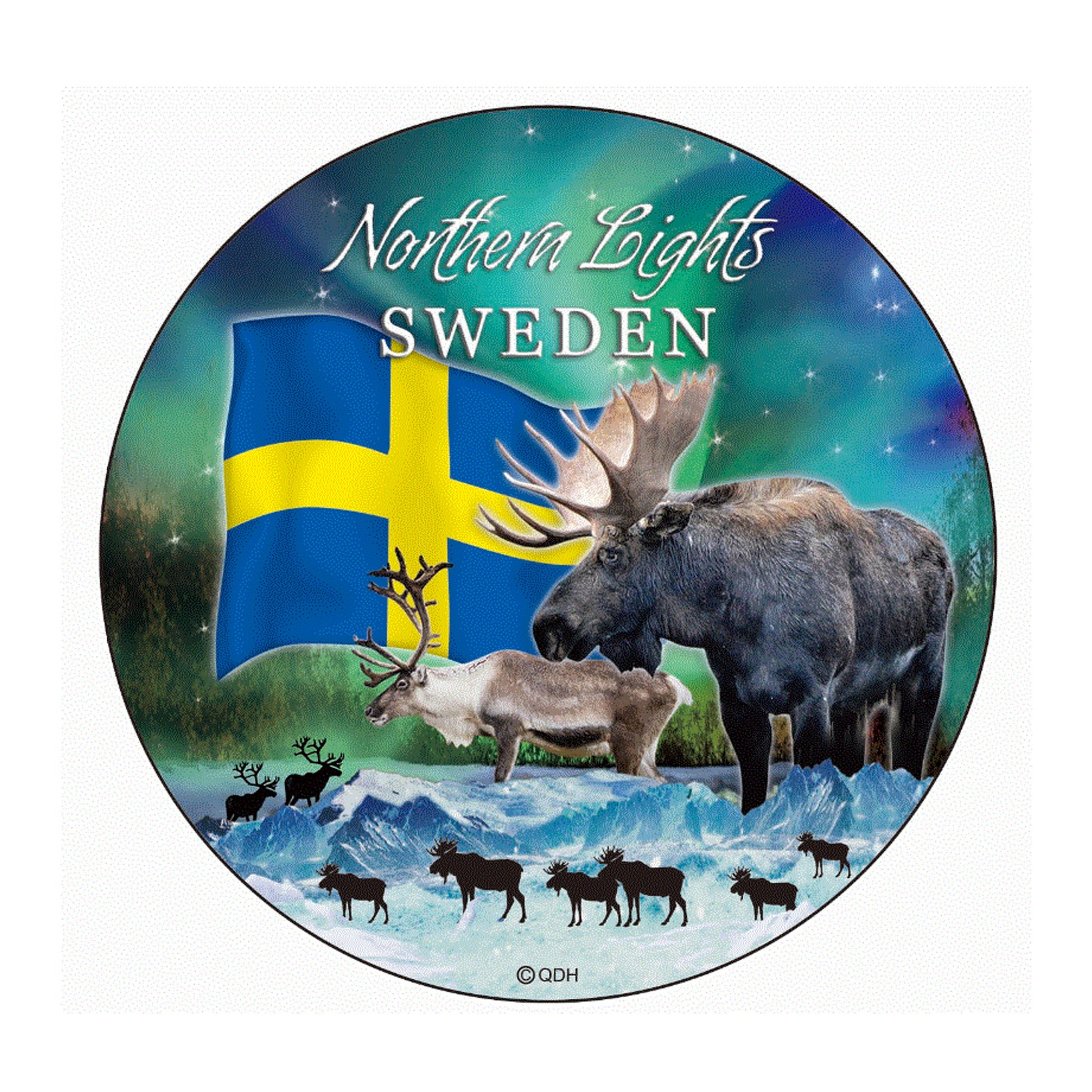 Närbild på motivet på souvenirtallriken – visar älg, ren och norrsken i ett färgstarkt fjällandskap.