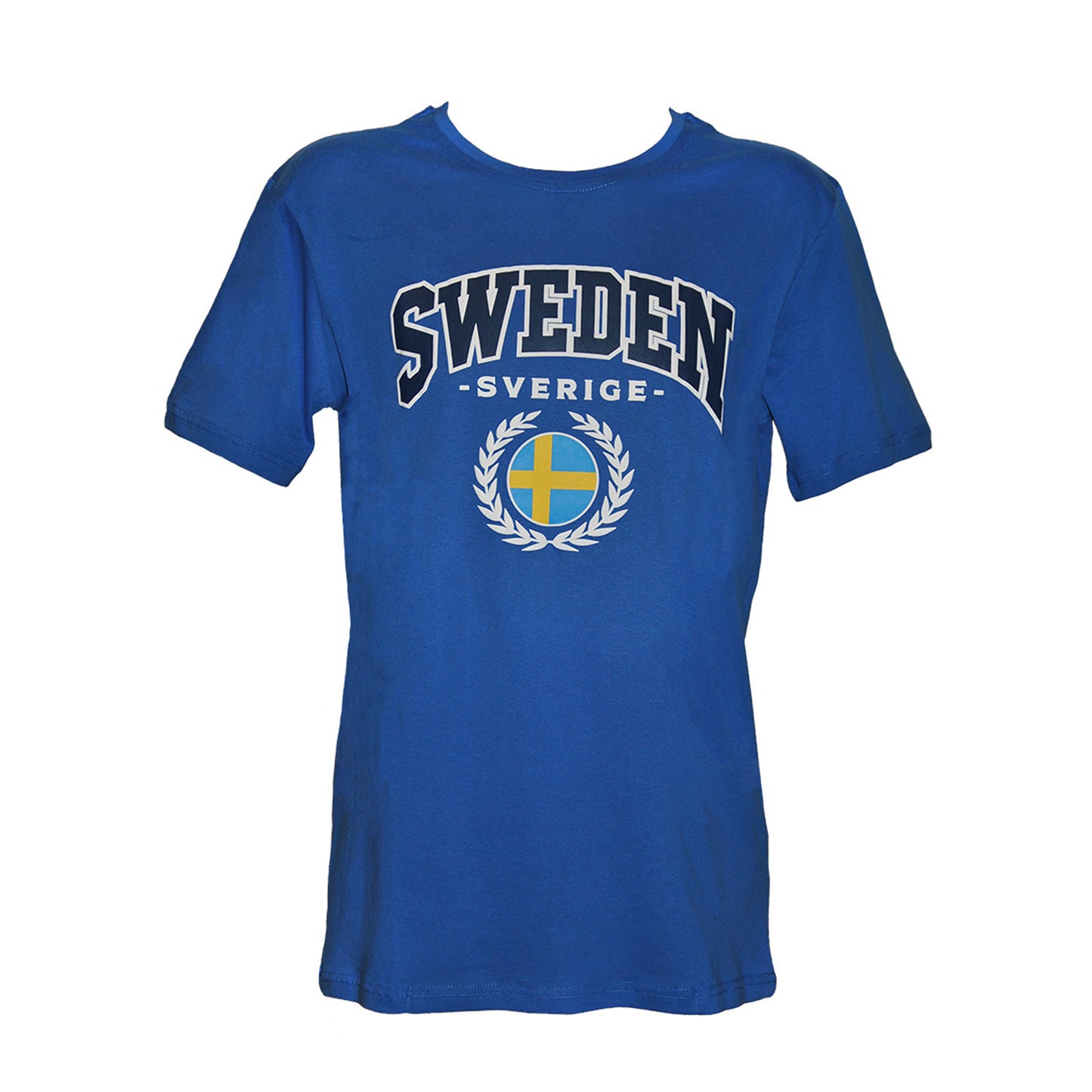Blå T-shirt med svensk flagga och texten "Sweden" på bröstet – en stilren och bekväm souvenir med klassiskt svenskt motiv.