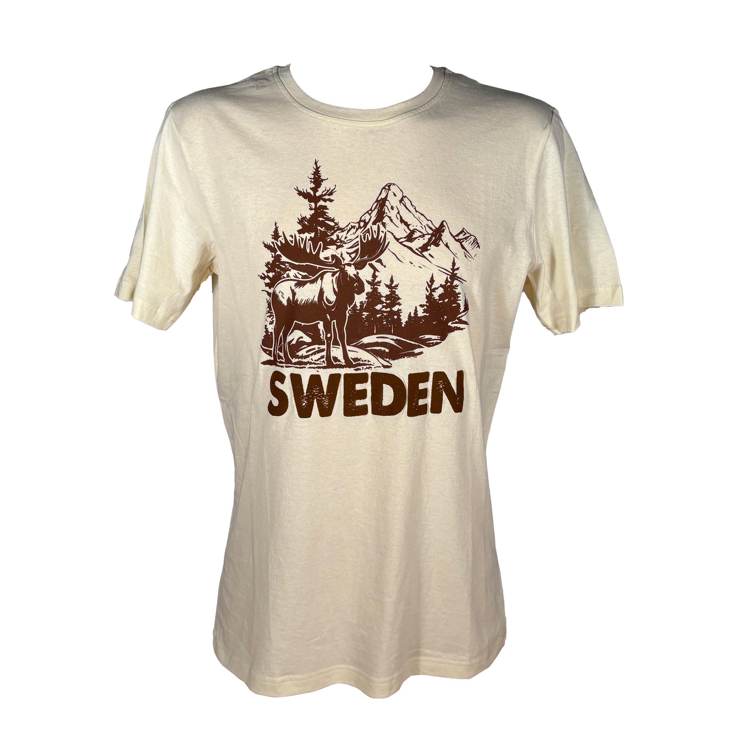 Retro T-shirt med stiligt älgmotiv texten "Sweden".