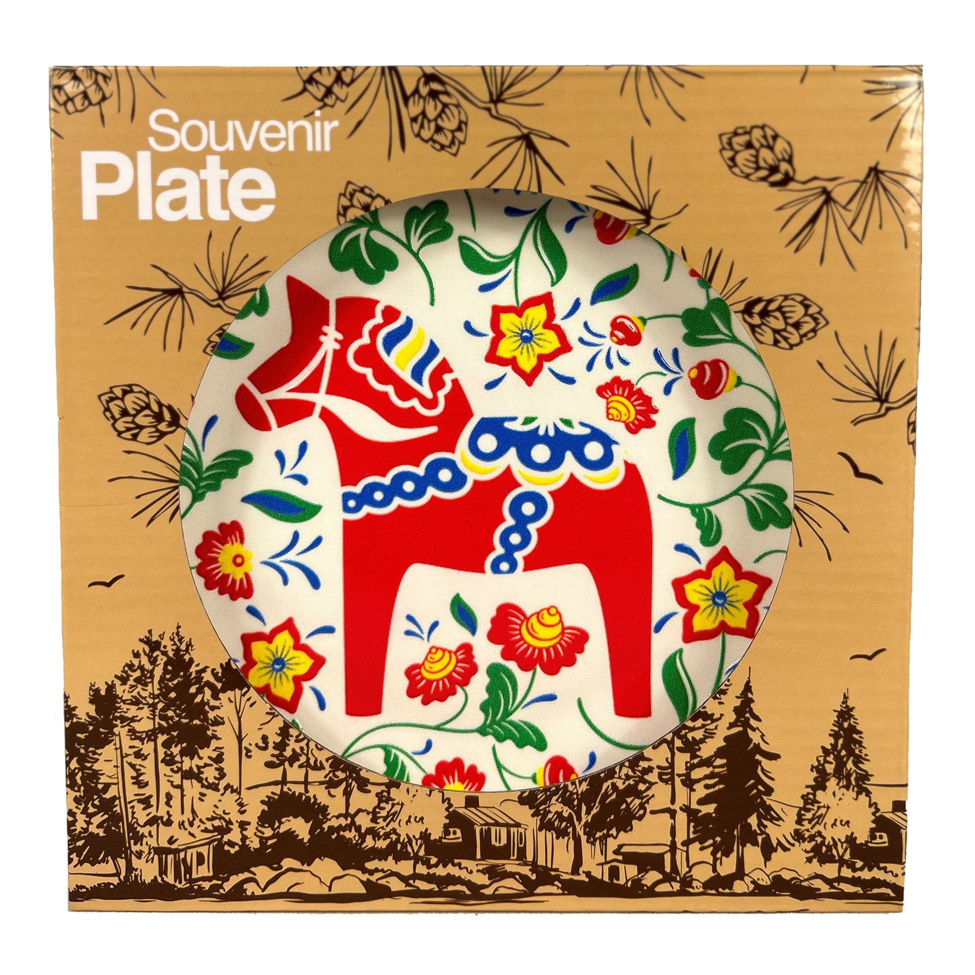 Rund souvenirtallrik prydd av en färgglad dalahäst som är omgiven av snirklande blommor. Tallriken kommer med både ställ och väggfäste.