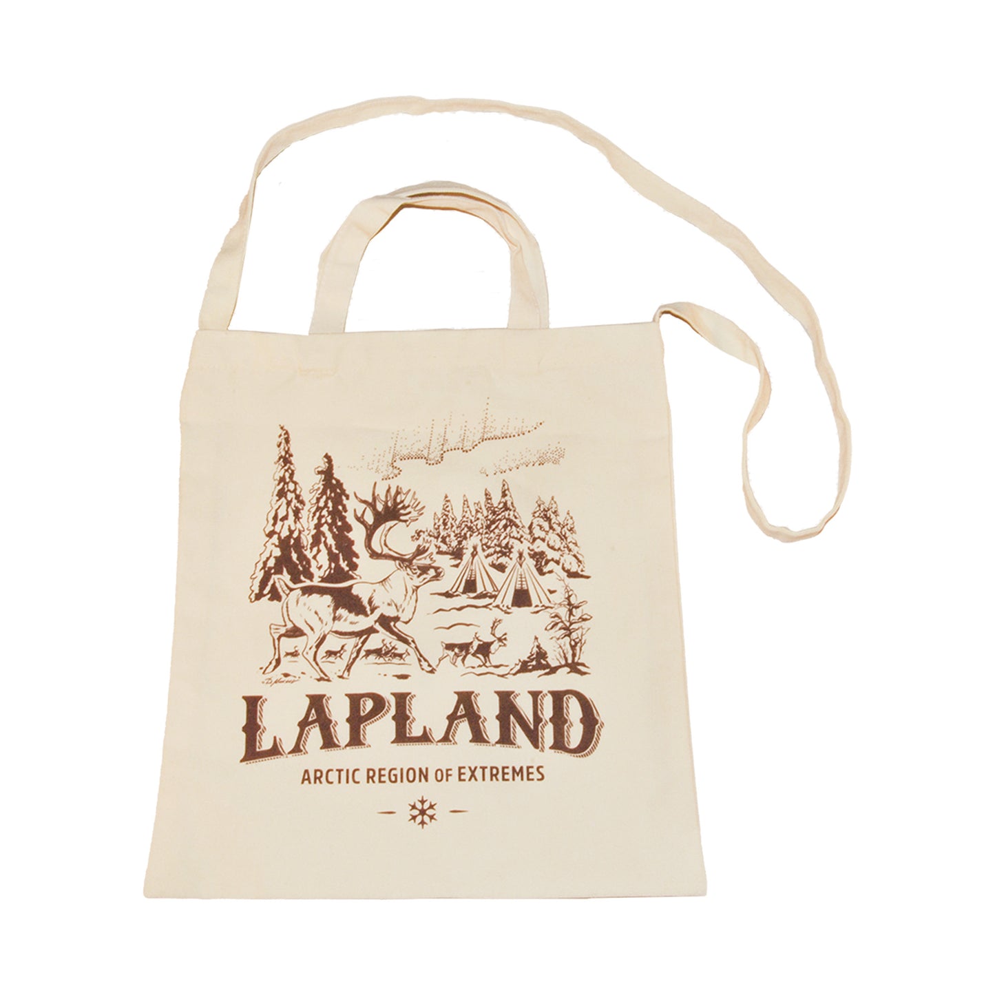 Tygkasse med motiv av renar i ett vackert landskap och texten “Lapland Artic Region of extremes" - här med den långa bärremmen synlig.