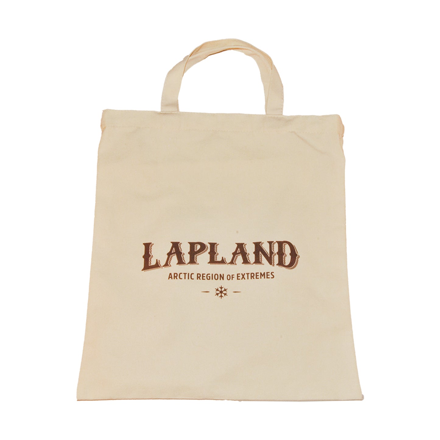 Baksida av tygkasse prydd med texten "Lapland Arctic Region of Extremes". Tygkassen är beige och texten är brun.