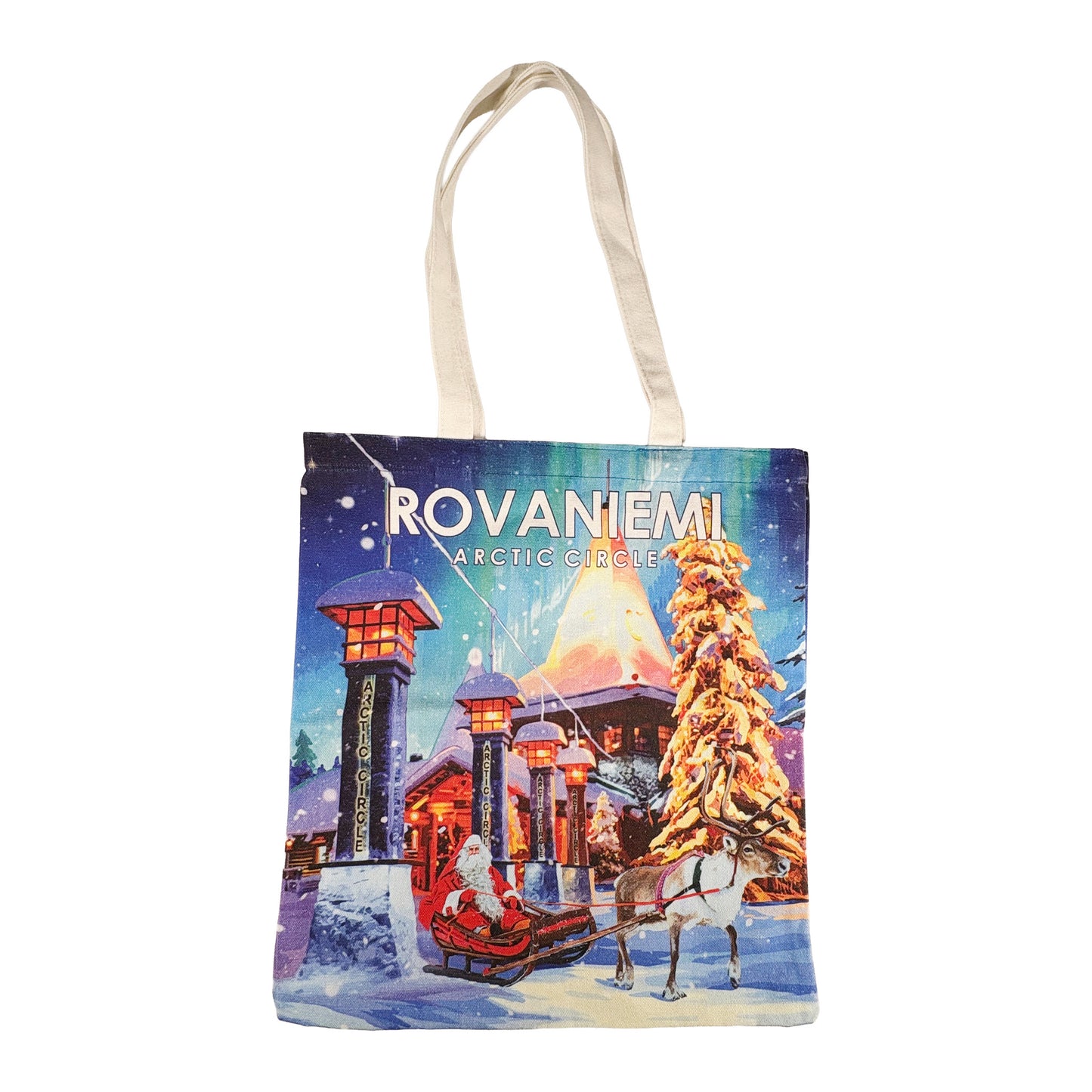 Tygkasse med färgglatt motiv av tomten i sin släde, omgiven av vintrigt landskap.