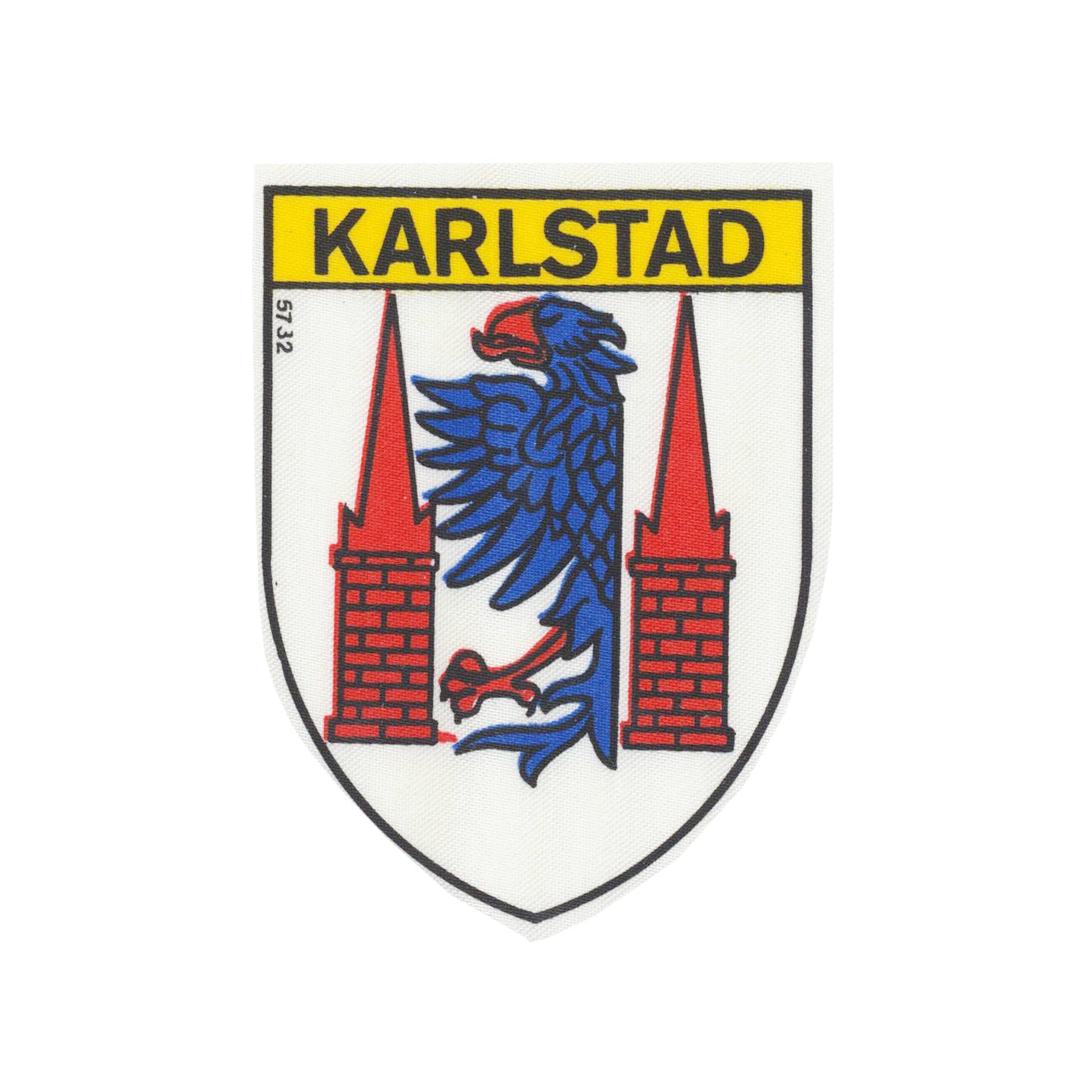Tygmärke med Karlstads stadsvapen – broderad souvenirpatch i klassisk stil, 7,5 x 5,5 cm, perfekt att sy fast på jacka, väska eller ryggsäck.
