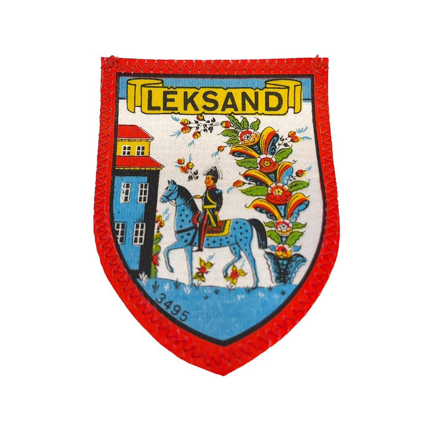 Tygmärke med motiv av en ryttare från Leksand – klassiskt souvenirmärke i vintage stil, 60x82 mm, perfekt att sy fast på jacka eller väska.