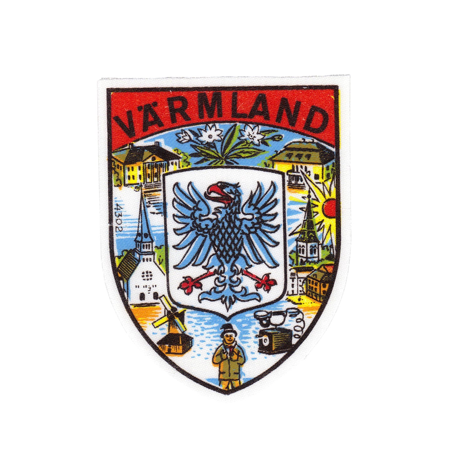Tygmärke med motiv från Värmland – souvenirpatch i vintage stil, 7,5 x 5,5 cm, perfekt att sy fast på jacka, ryggsäck eller väska.