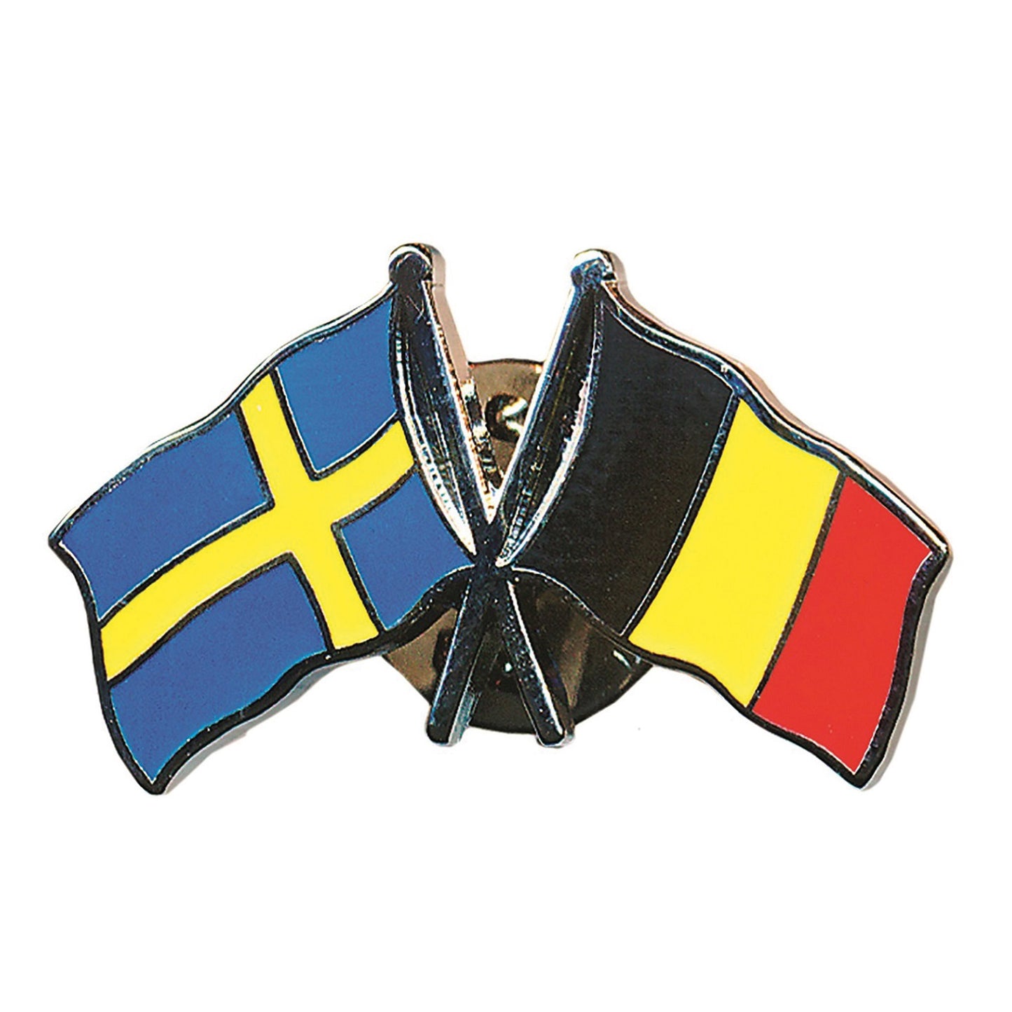 Vänskapspin i emalj med svenska och belgiska flaggan bredvid varandra.