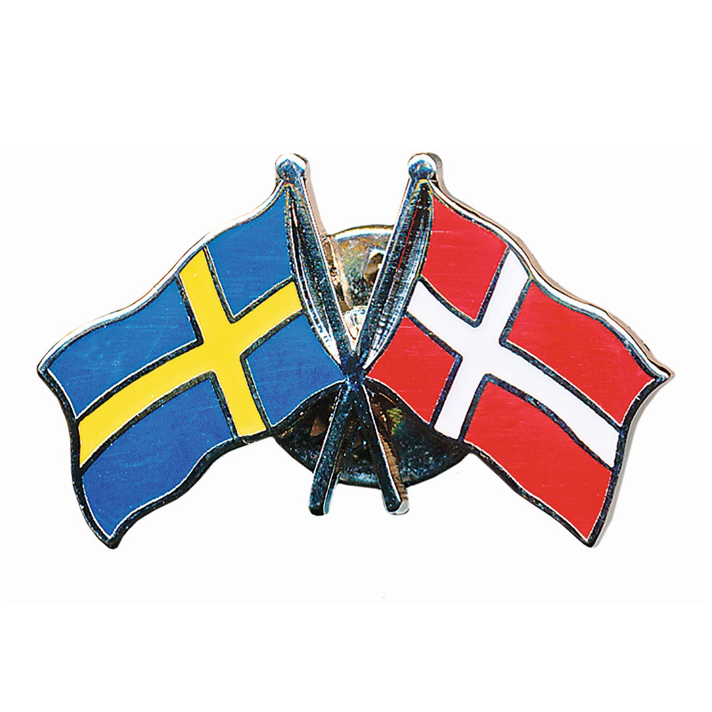 Vänskapspin i emalj med svenska och danska flaggan bredvid varandra