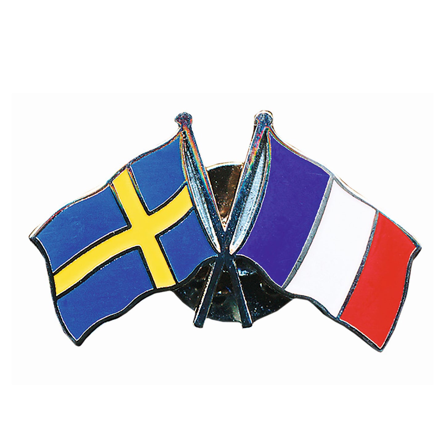 Vänskapspin i emalj med svenska och franska flaggan bredvid varandra