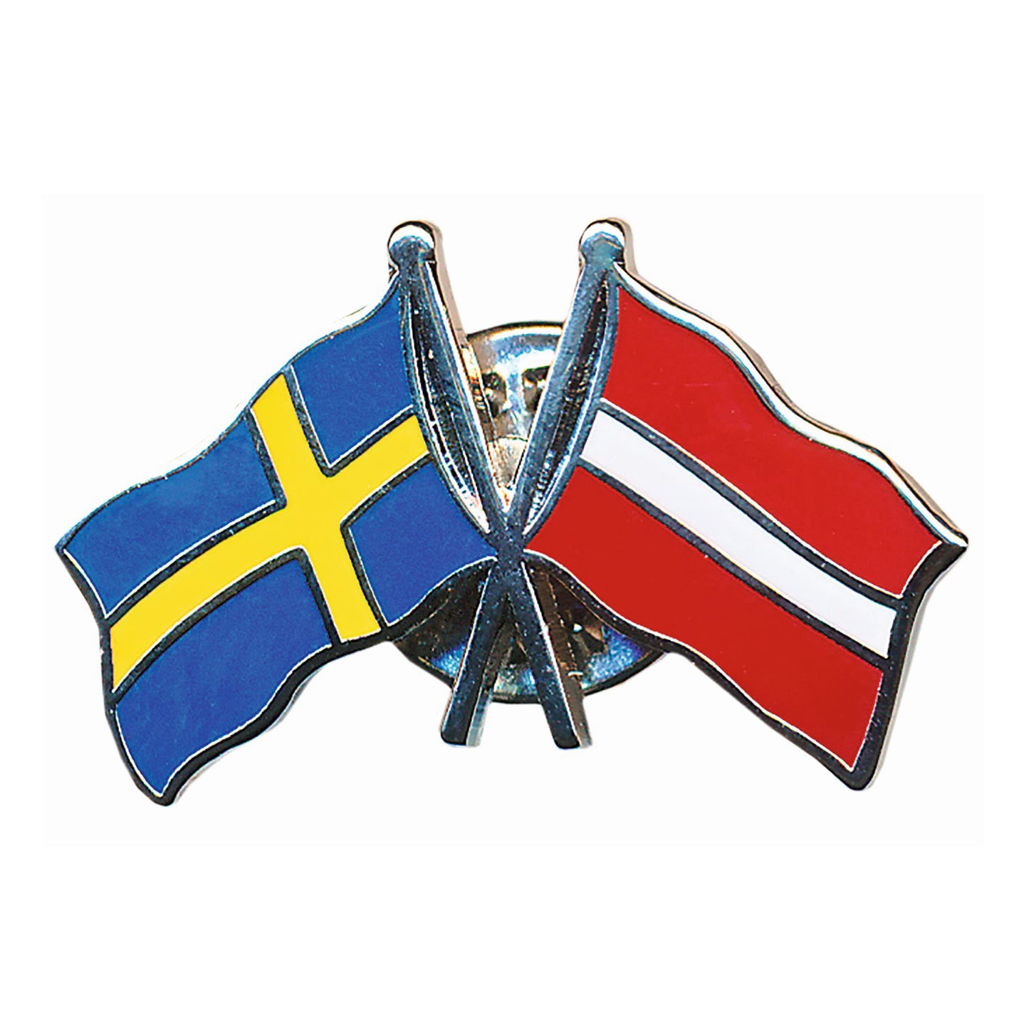 Vänskapspin i emalj med svenska och lettiska flaggan bredvid varandra.