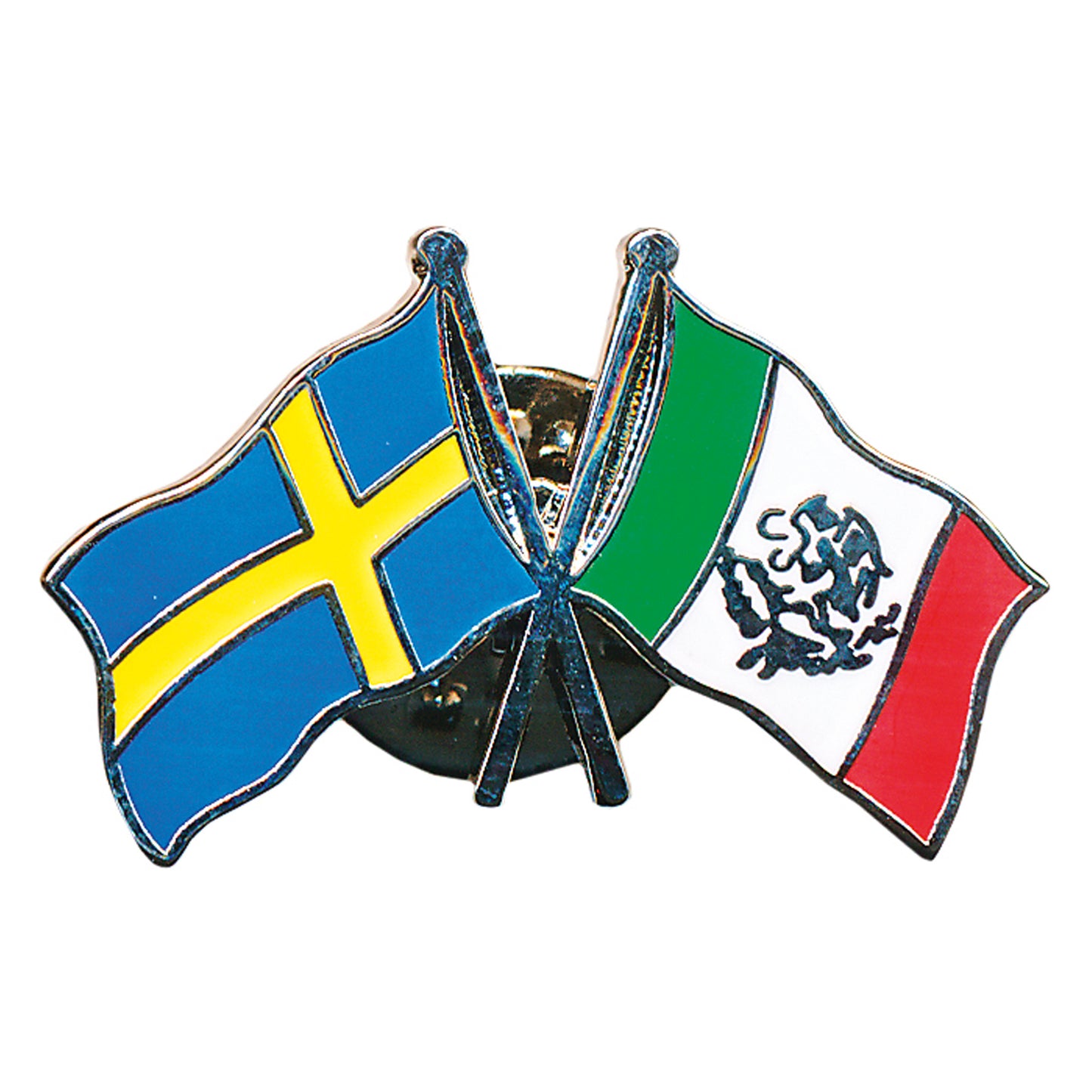 Vänskapspin med svenska flaggan och mexikanska flaggan bredvid varandra