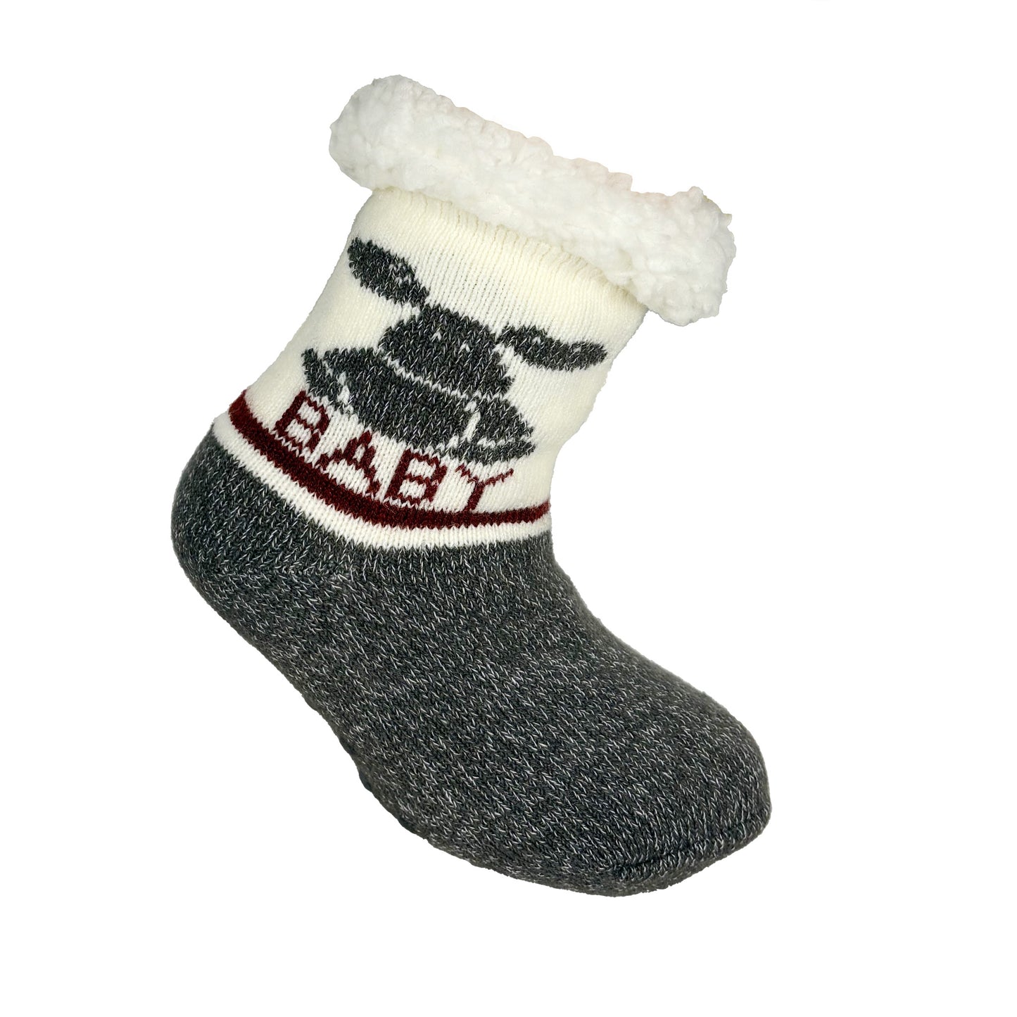 Grå och vita fluffiga babysockor med söt älg, texten 'baby' – en perfekt souvenir från Sverige.