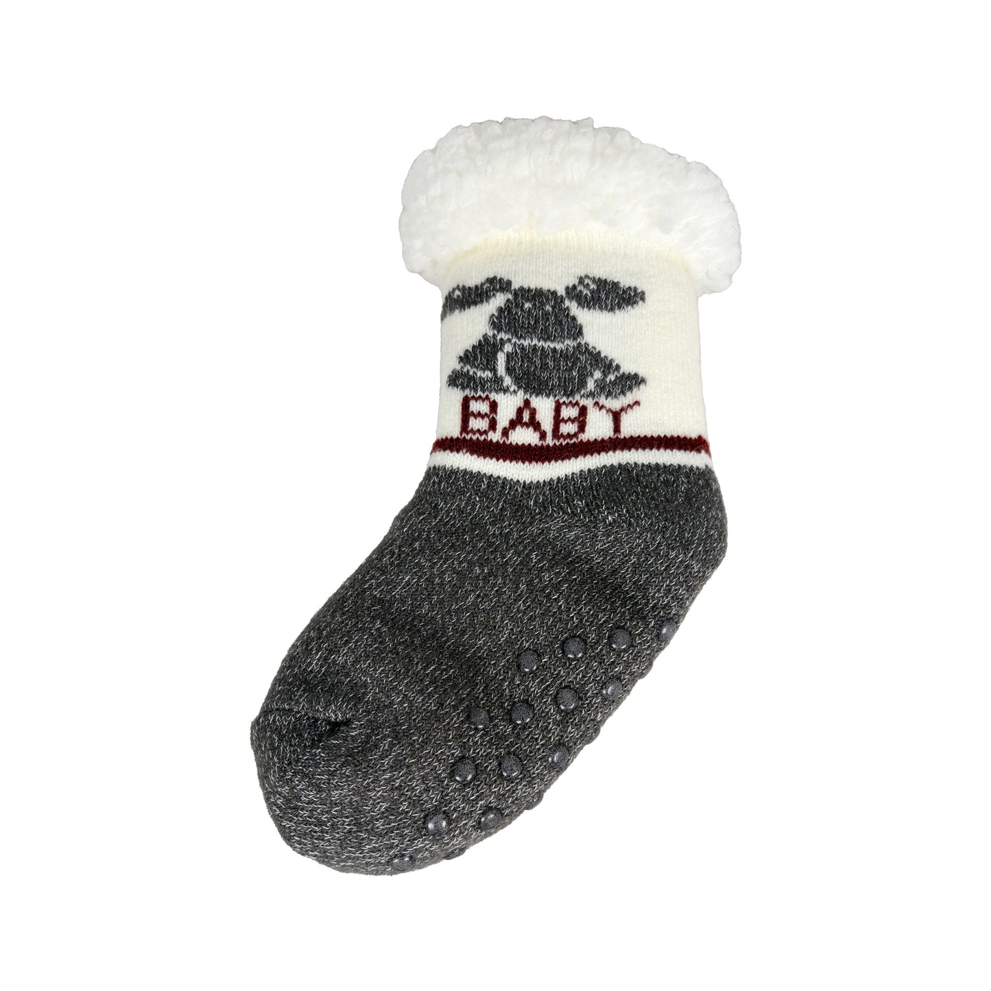 Grå och vita fluffiga babysockor med söt älg, texten 'baby' och antihalkskydd under – en mjuk och praktisk souvenir från Sverige.
