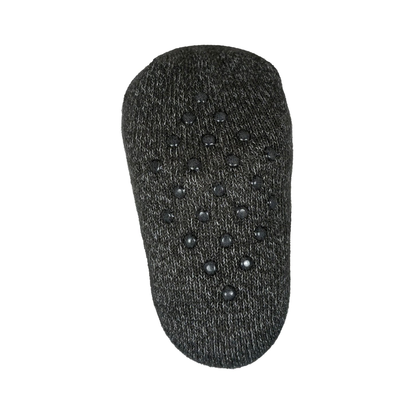Antihalkskydd under grå och vita fluffiga babysockor med söt älg, texten 'baby'.