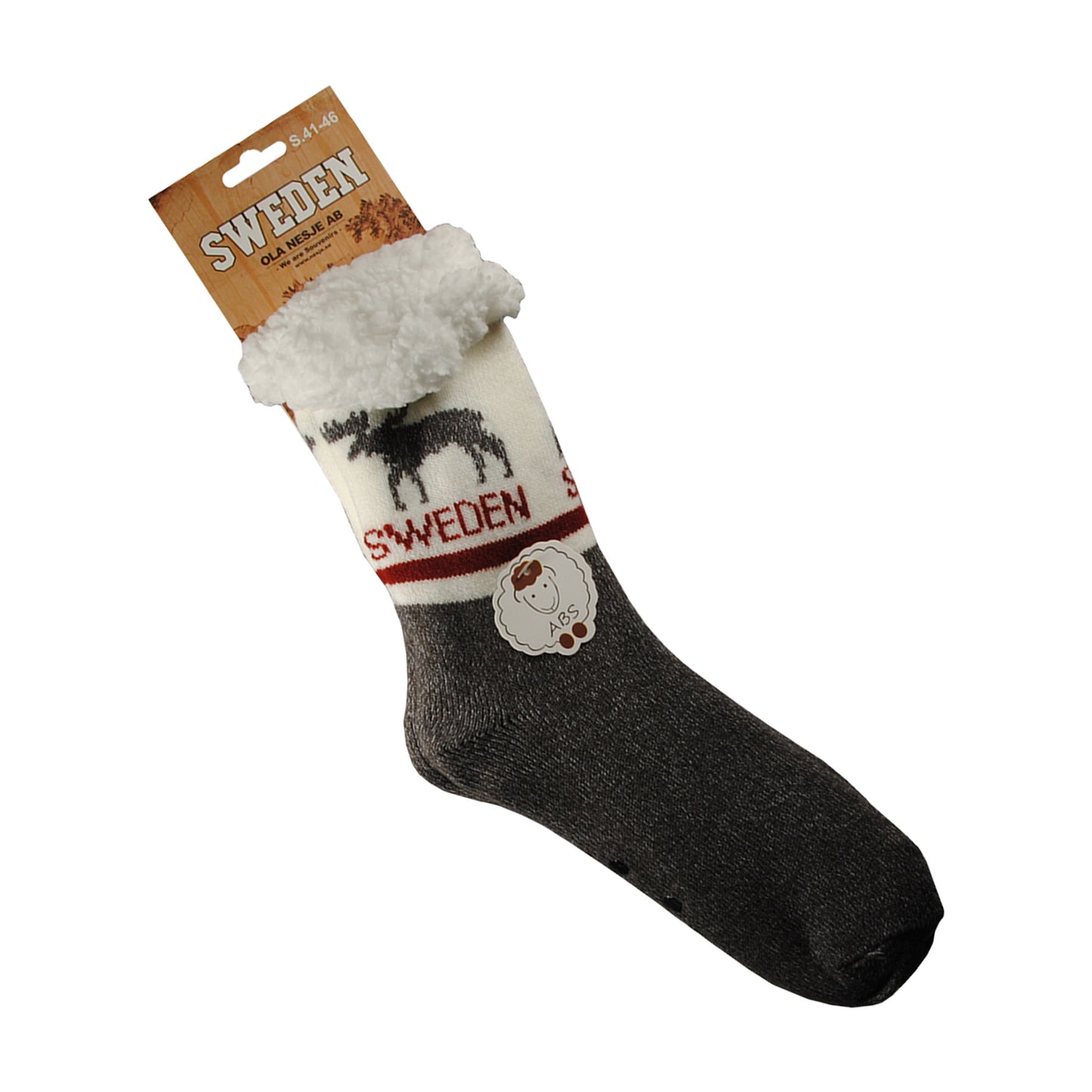 Grå och vit socka med älgmotiv och halkskydd, visas med hängetikett. Etiketten pryds av ett mörkbrunt skogsmotiv och vit texten "SWEDEN".