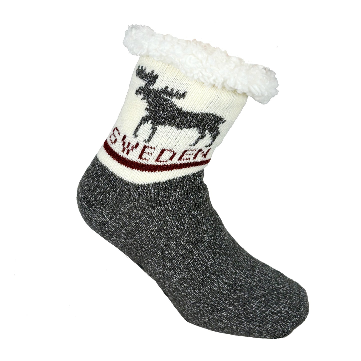 Varm socka med älgmotiv och halkskydd i storlekarna 22-26, 29–35, 36–40 och 41–45. Sockan är vit och grå med ett rött band runt vristen och texten "Sweden" i rött.