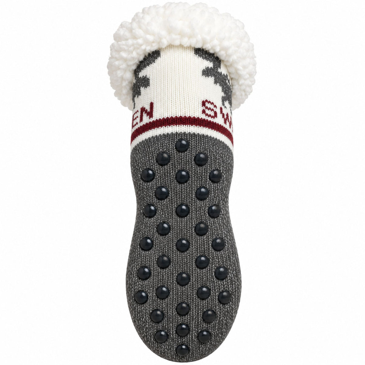 Undersidan av grå socka med älgmotiv, visar halkskyddet som består av grå halkprickar mot grå bakgrund.