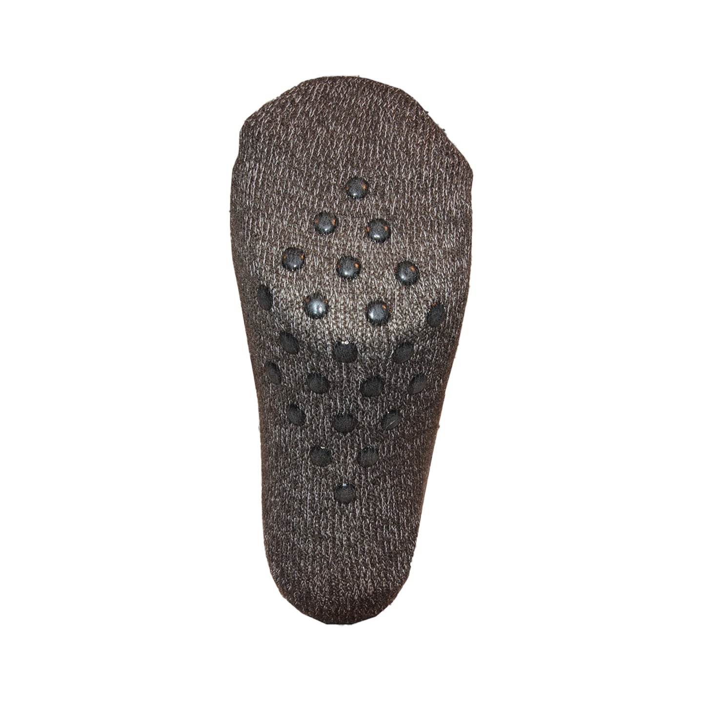Undersidan av grå socka med älgmotiv, visar halkskyddet som består av grå halkprickar mot grå bakgrund.