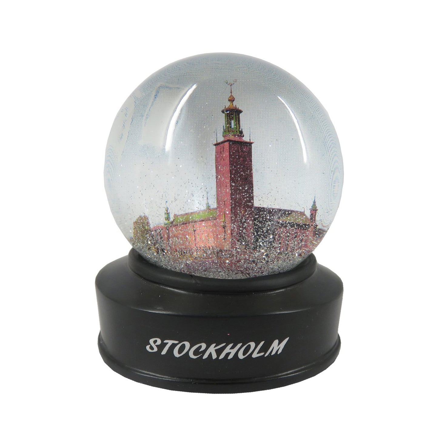 Vattenglob med silverglitter och pampiga Stockholms Stadshus, med texten "Stockholm" på sockeln.