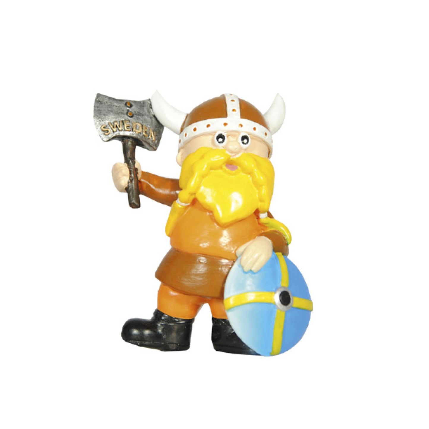 Vikingafigur Harald Hårfager, 7 cm, brun rustning och blå-gul sköld