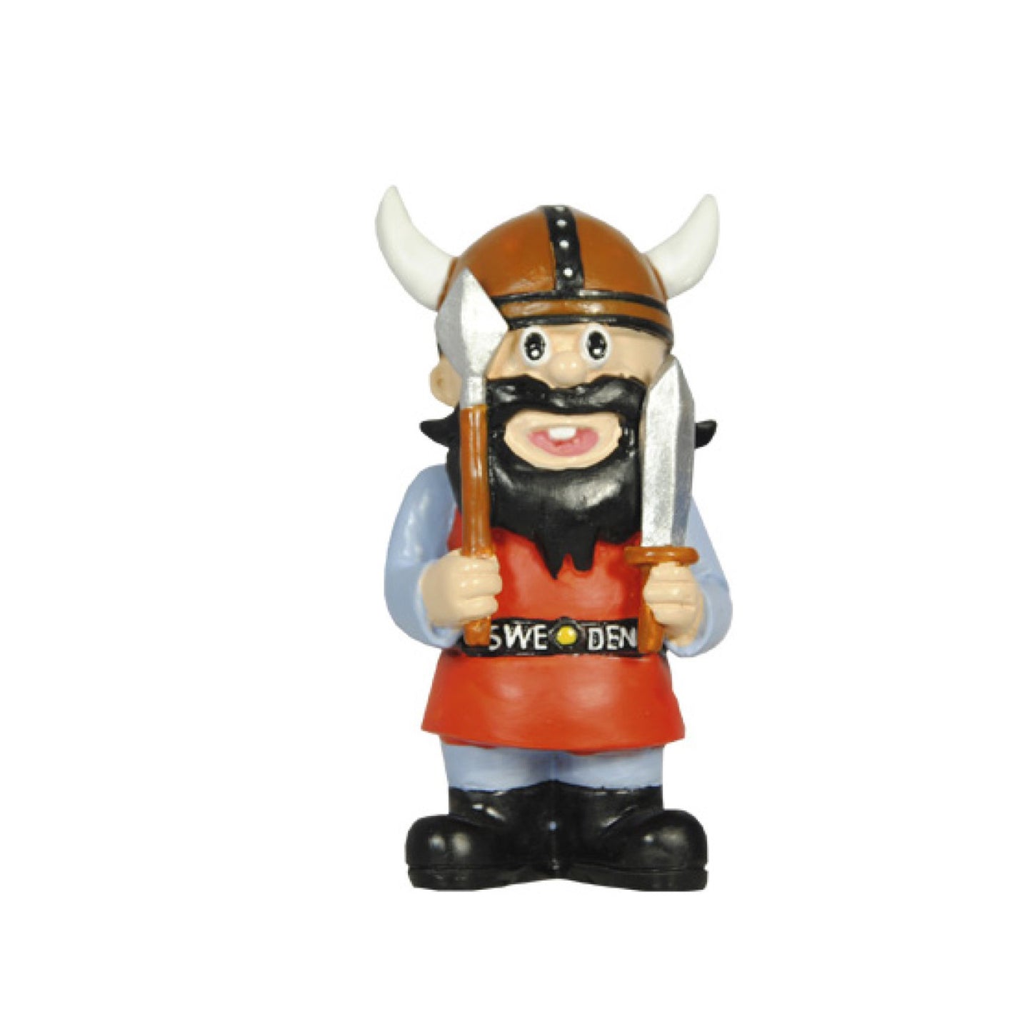 Vikingafigur i rött med spjut och svärd, 7 cm, populär bland samlare och vikingafantaster.
