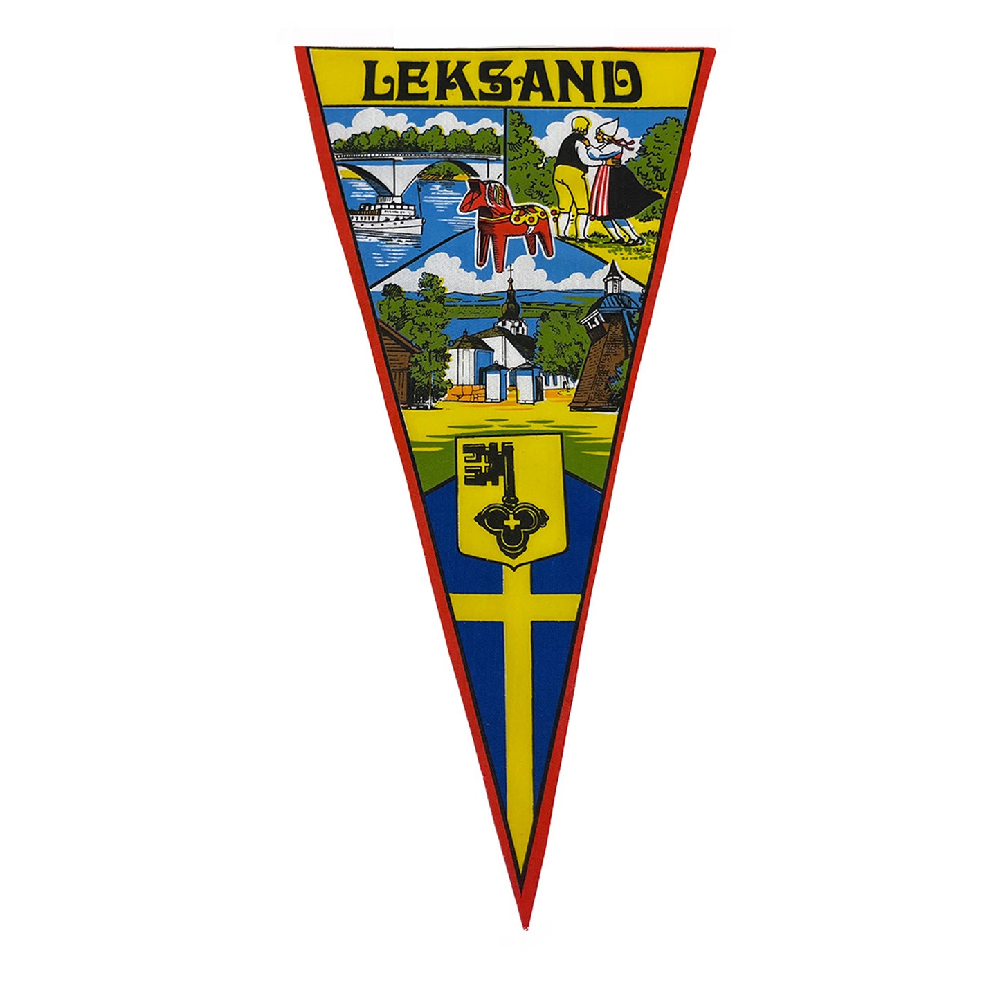 Triangelformad röd och gul vimpel med motiv från Leksand, Siljansnäs kyrka, folkdräkter, dalahäst och Sverige flaggan. Vimpeln har ett snöre upptill för upphängning.