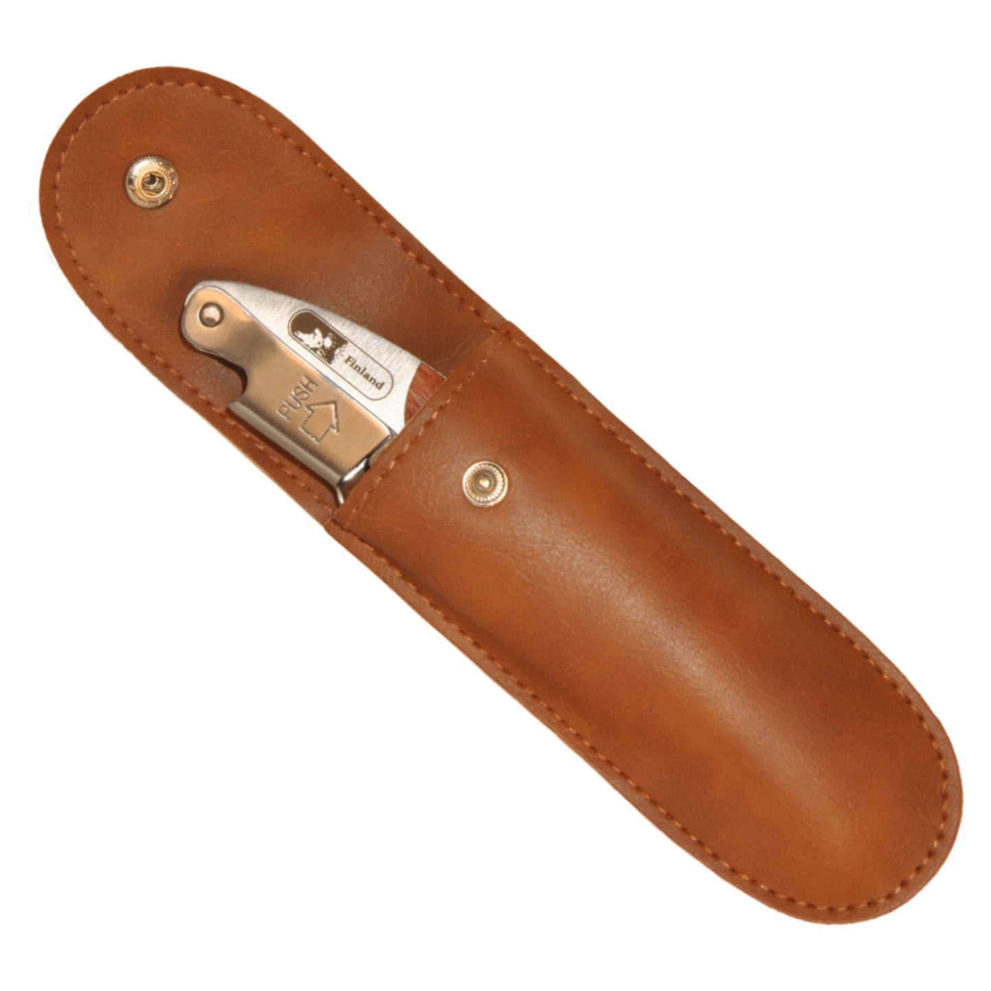 Vinöppnare med trähandtag och älgmotiv, förvarad i ett elegant fodral.