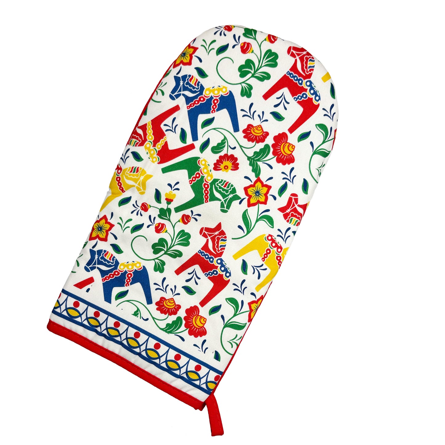Vit grytvante med färgglada och lekfulla Dalahästar – en tålig och dekorativ detalj som för in svensk tradition i köket.