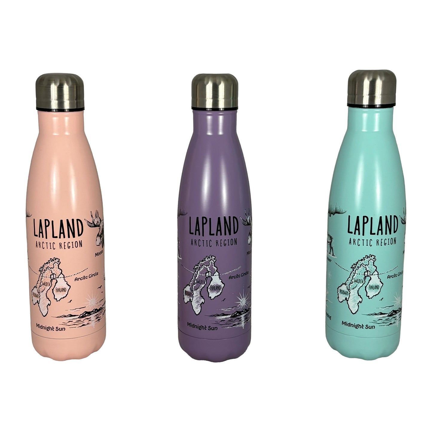 Tre vattenflaskor i rosa, lila och ljusblått – alla med svartvita illustrationer  inspirerade av Lappland.