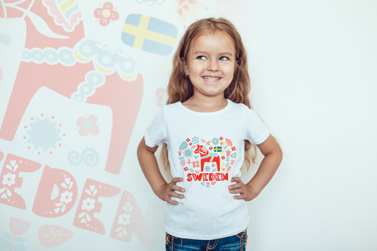 Barn T-shirt Dalahäst vit