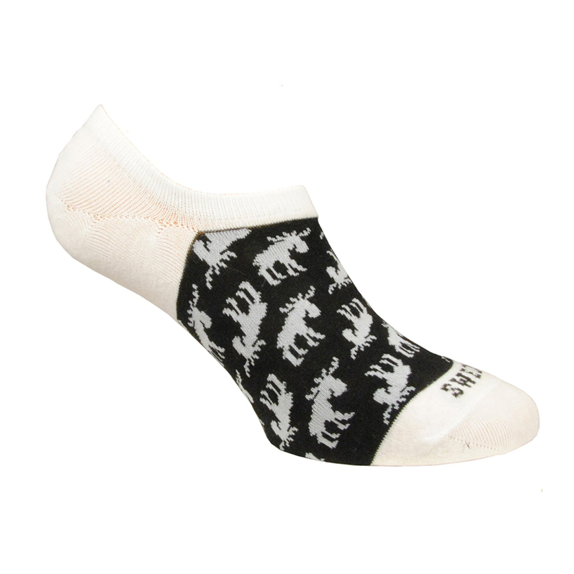 Svartvit ankelsocka med älgmotiv och texten "Sweden".