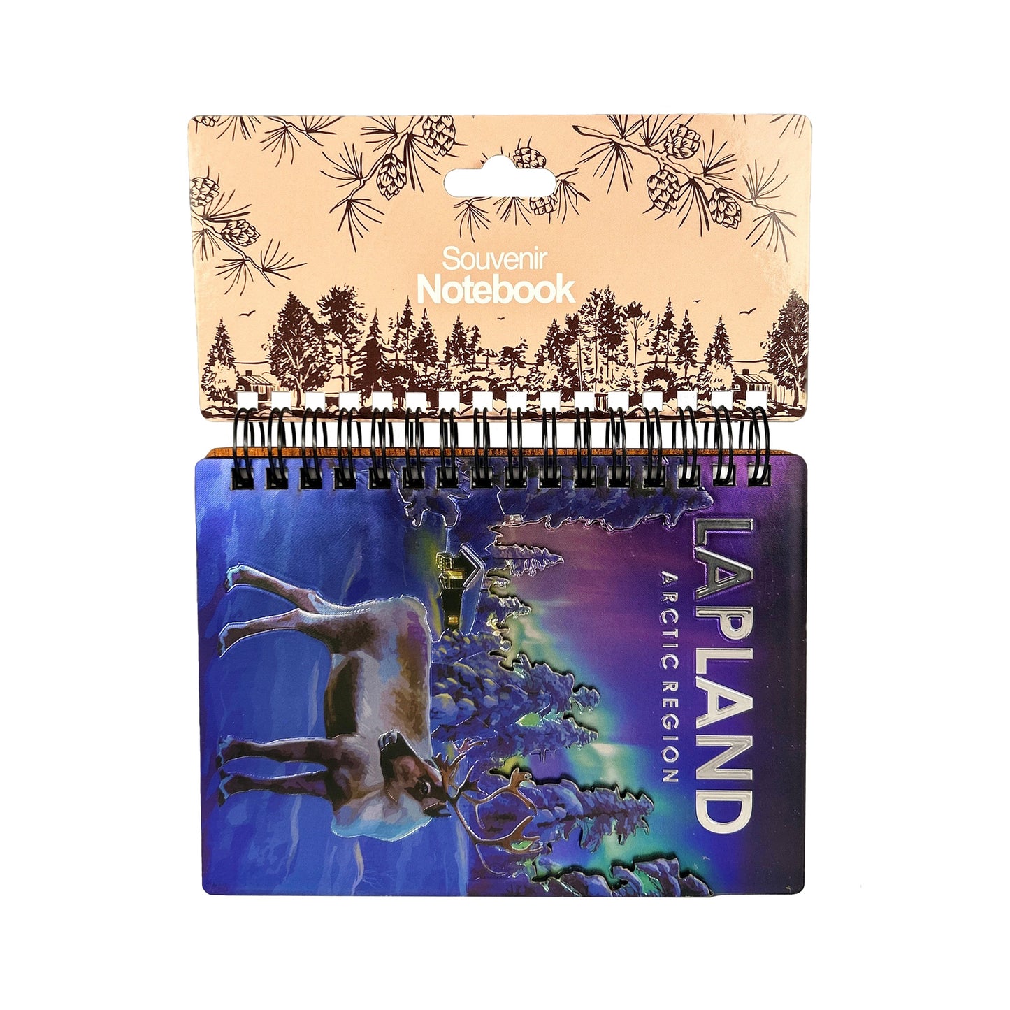 Framsidan av anteckningsblocket hängandes på header. Brun header med texten "Souvenir Notebook".